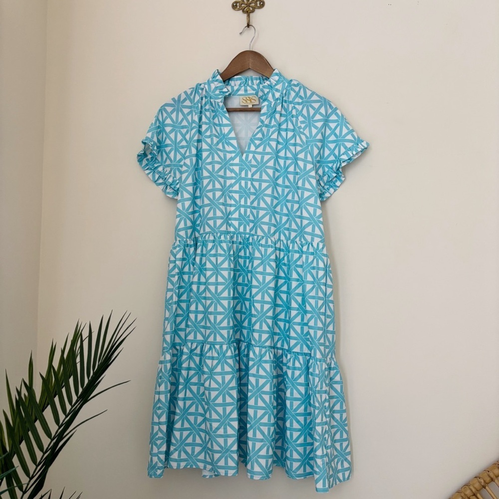 SSYS Blue Lattice Ruffle Collar Tiered A-Line Dress Large Resortwear